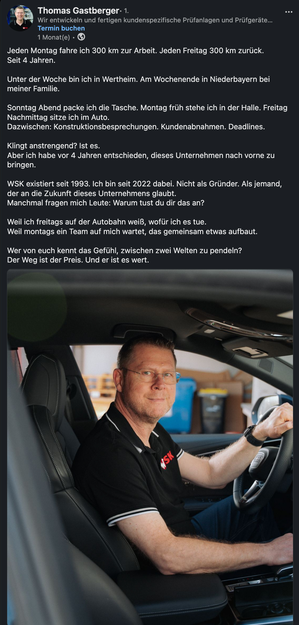 LinkedIn-Post von Thomas Gastberger, Geschäftsführer WSK Elektronik