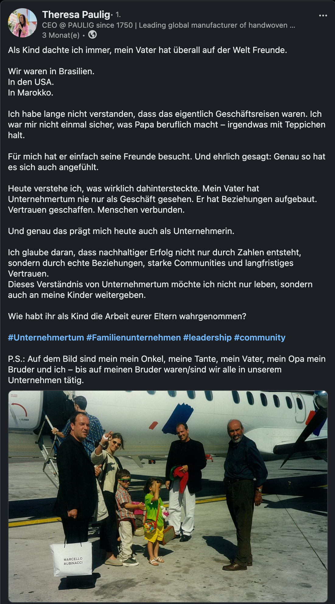 LinkedIn-Post von Theresa Paulig, Geschäftsführerin Paulig Teppichweberei
